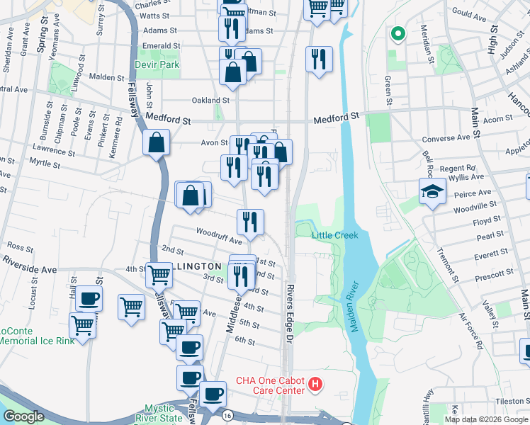 map of restaurants, bars, coffee shops, grocery stores, and more near 289 Middlesex Avenue in Medford