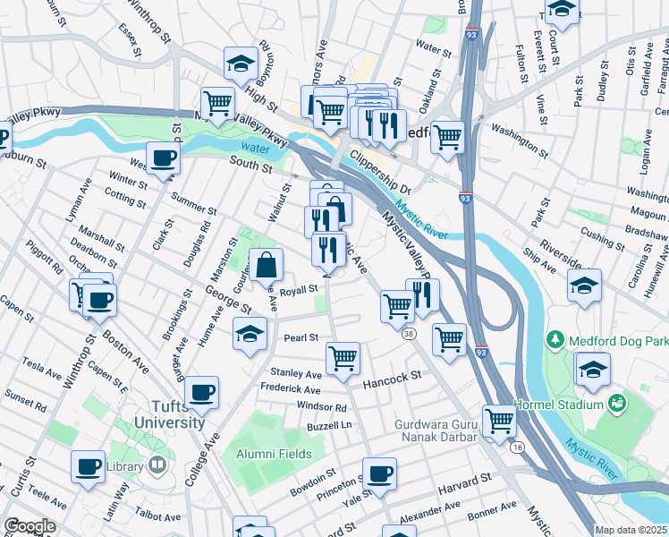 map of restaurants, bars, coffee shops, grocery stores, and more near 160 Main Street in Medford