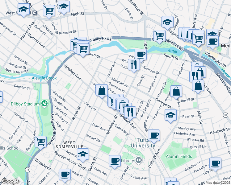 map of restaurants, bars, coffee shops, grocery stores, and more near 43 Orchard Street in Medford