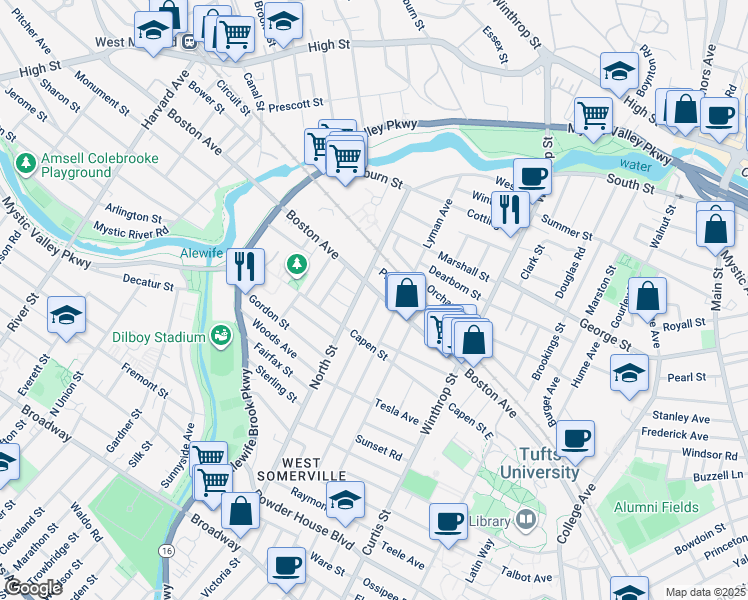 map of restaurants, bars, coffee shops, grocery stores, and more near 250 Boston Avenue in Medford