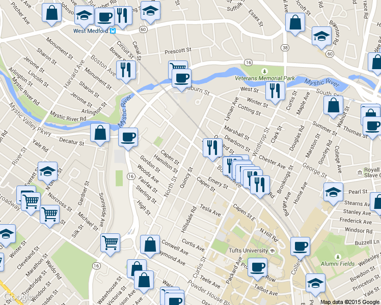 map of restaurants, bars, coffee shops, grocery stores, and more near 250 Boston Avenue in Medford