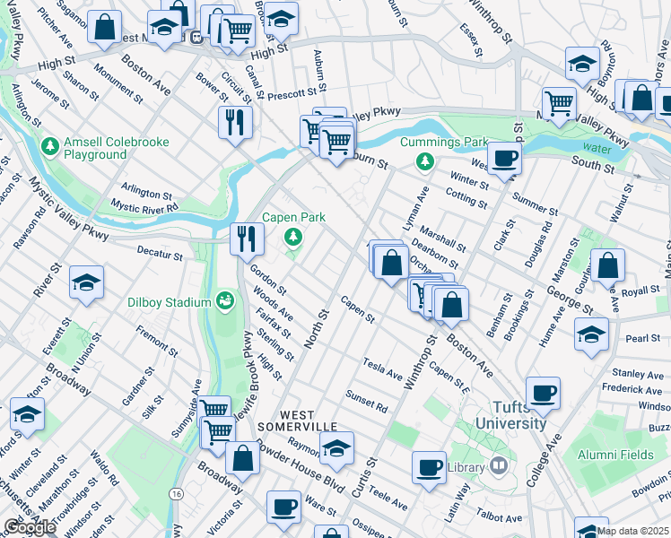 map of restaurants, bars, coffee shops, grocery stores, and more near 24 Pinkham Road in Medford