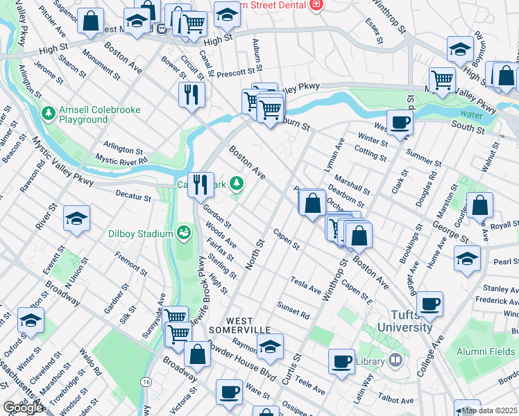 map of restaurants, bars, coffee shops, grocery stores, and more near 24 Pinkham Road in Medford