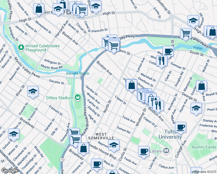 map of restaurants, bars, coffee shops, grocery stores, and more near 24 Pinkham Road in Medford