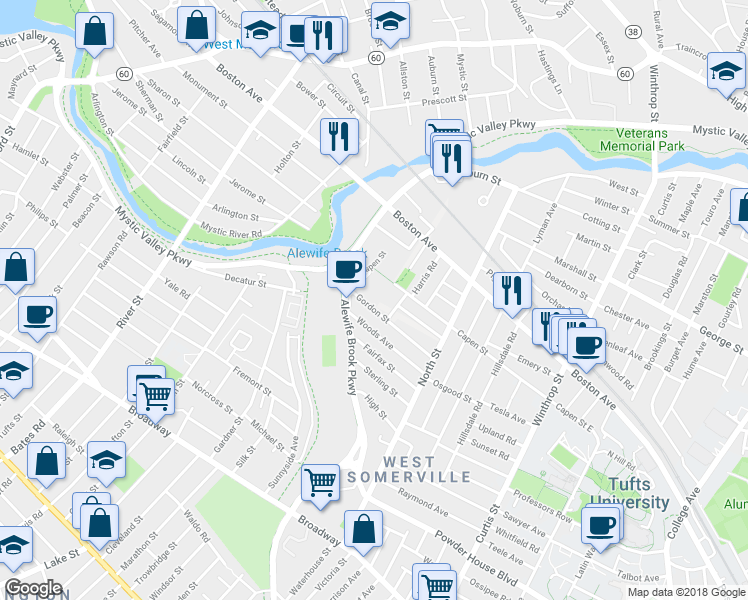 map of restaurants, bars, coffee shops, grocery stores, and more near 405 Alewife Brook Parkway in Somerville