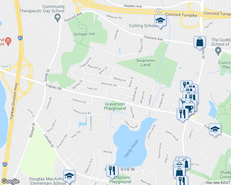 map of restaurants, bars, coffee shops, grocery stores, and more near 66 Brewster Road in Waltham