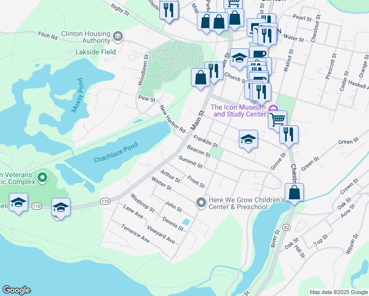 map of restaurants, bars, coffee shops, grocery stores, and more near 363 Main Street in Clinton