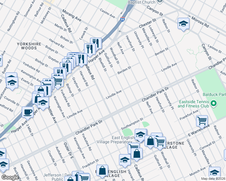 map of restaurants, bars, coffee shops, grocery stores, and more near 5966 Oldtown Street in Detroit
