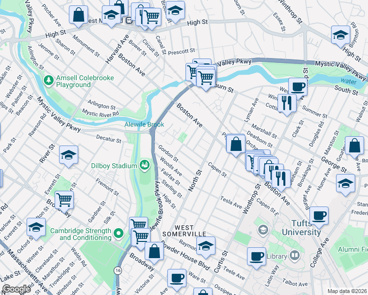map of restaurants, bars, coffee shops, grocery stores, and more near 31 Harris Road in Medford