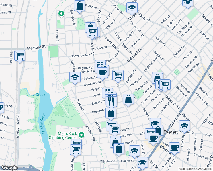 map of restaurants, bars, coffee shops, grocery stores, and more near 371 Main Street in Everett