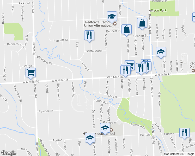 map of restaurants, bars, coffee shops, grocery stores, and more near 26530 West 6 Mile Road in Redford Charter Township