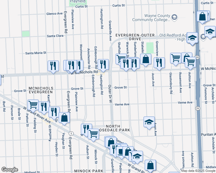 map of restaurants, bars, coffee shops, grocery stores, and more near 9060 Outer Drive West in Detroit