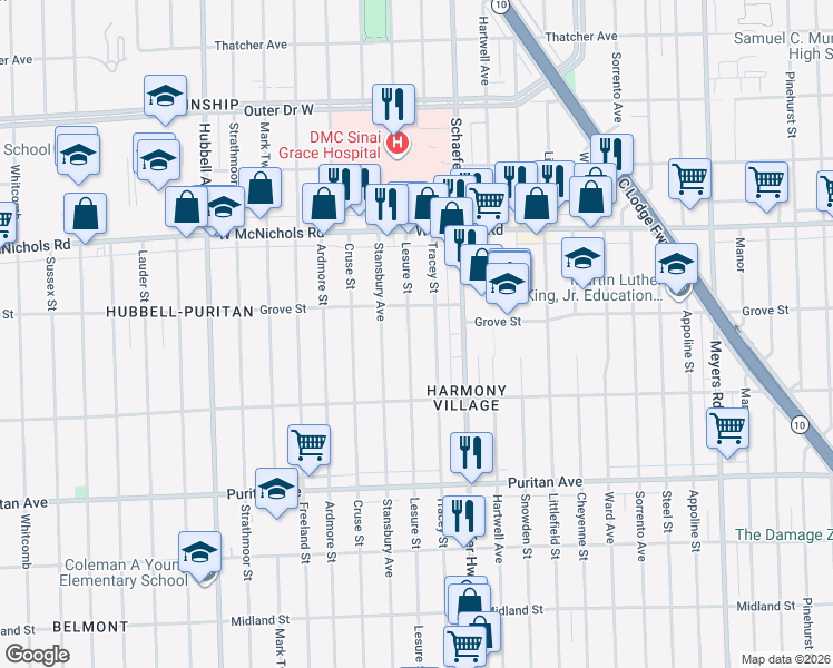 map of restaurants, bars, coffee shops, grocery stores, and more near 16630 Lesure Street in Detroit