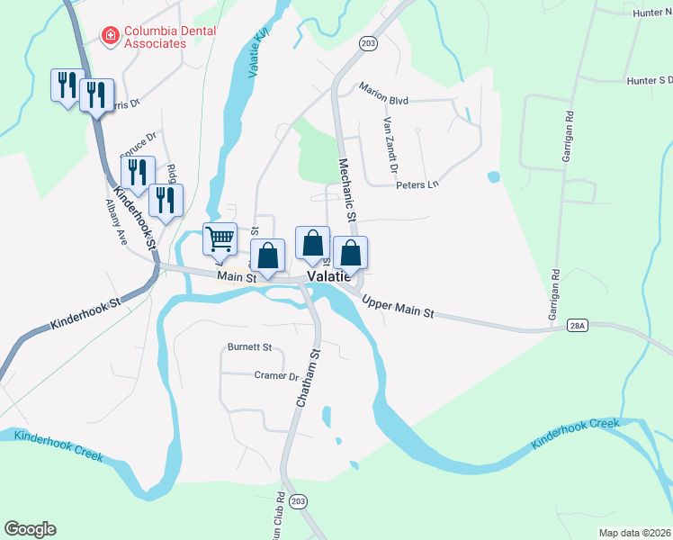 map of restaurants, bars, coffee shops, grocery stores, and more near 3053 Spring Street in Valatie