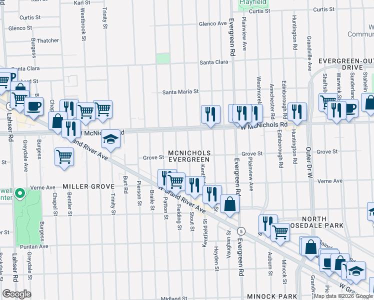 map of restaurants, bars, coffee shops, grocery stores, and more near 16851 Stout Street in Detroit