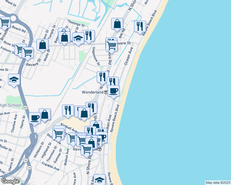 map of restaurants, bars, coffee shops, grocery stores, and more near 500 Ocean Avenue in Revere