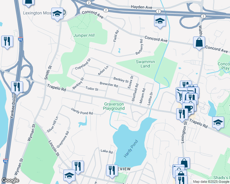 map of restaurants, bars, coffee shops, grocery stores, and more near 56 Whittier Avenue in Waltham