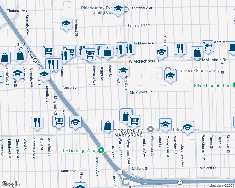 map of restaurants, bars, coffee shops, grocery stores, and more near 16631 Washburn Street in Detroit