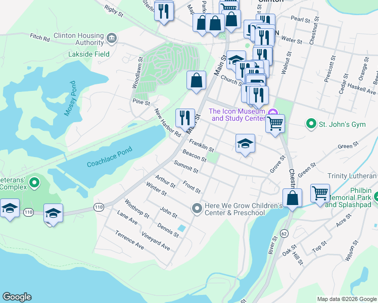 map of restaurants, bars, coffee shops, grocery stores, and more near 22 Beacon Street in Clinton