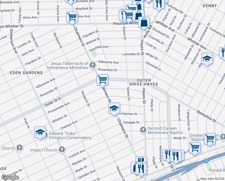 map of restaurants, bars, coffee shops, grocery stores, and more near 14441 Promenade Avenue in Detroit