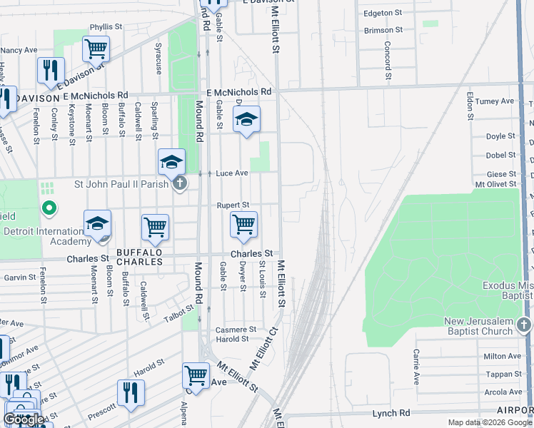 map of restaurants, bars, coffee shops, grocery stores, and more near 12940 Saint Louis Street in Hamtramck