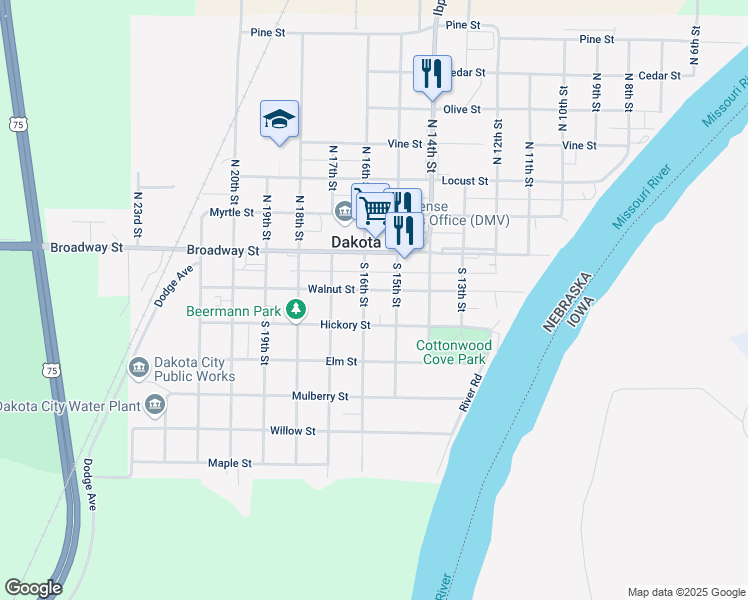 map of restaurants, bars, coffee shops, grocery stores, and more near 1512-1598 Walnut Street in Dakota City