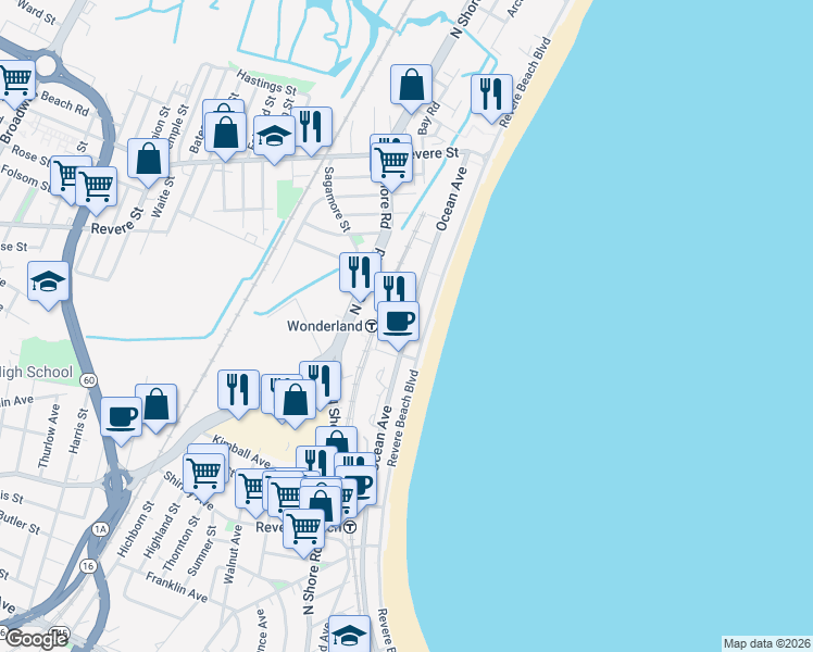 map of restaurants, bars, coffee shops, grocery stores, and more near 500 Ocean Avenue in Revere