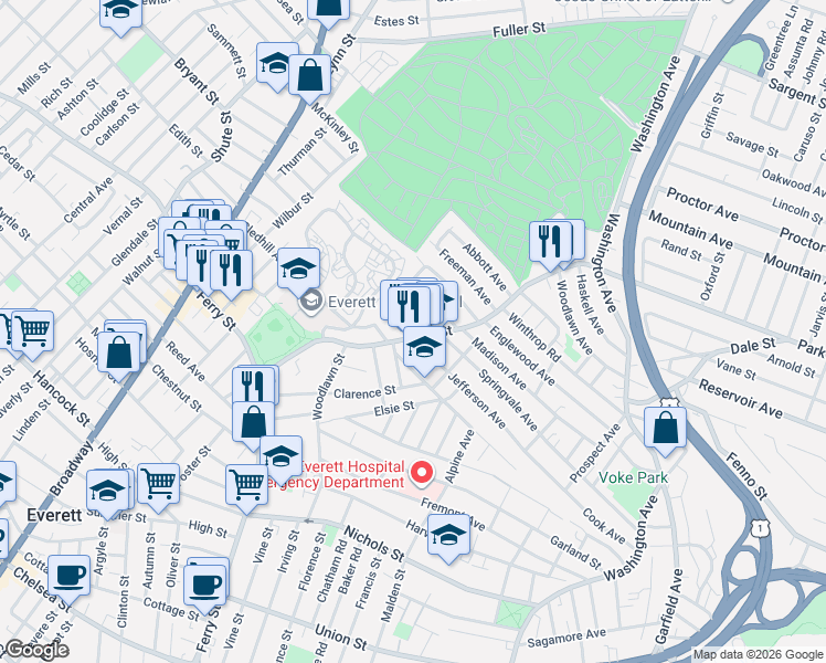 map of restaurants, bars, coffee shops, grocery stores, and more near 151 Jefferson Avenue in Everett