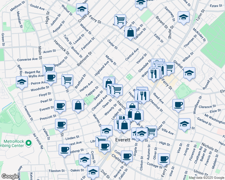 map of restaurants, bars, coffee shops, grocery stores, and more near 19 Vernal Street in Everett
