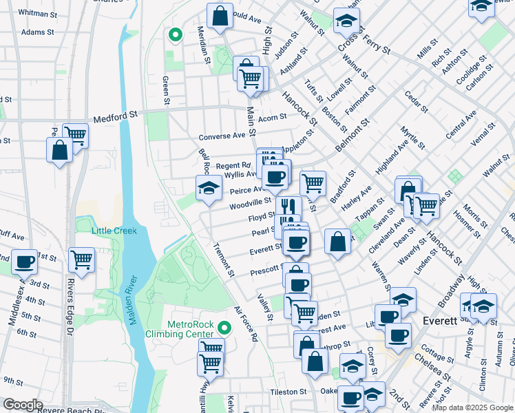map of restaurants, bars, coffee shops, grocery stores, and more near 37 Woodville Street in Everett