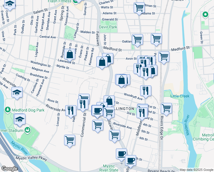 map of restaurants, bars, coffee shops, grocery stores, and more near 109 Sydney Street in Medford