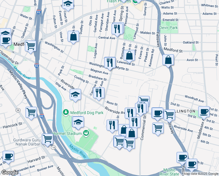 map of restaurants, bars, coffee shops, grocery stores, and more near 54 Spring Street in Medford
