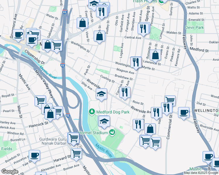 map of restaurants, bars, coffee shops, grocery stores, and more near 24 Lapham Street in Medford