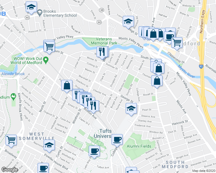 map of restaurants, bars, coffee shops, grocery stores, and more near 16 Corey Street in Medford