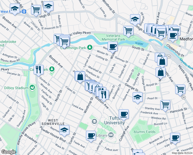map of restaurants, bars, coffee shops, grocery stores, and more near 11 Dearborn Street in Medford