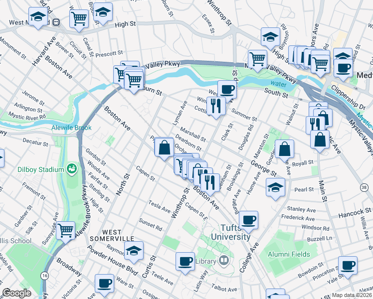 map of restaurants, bars, coffee shops, grocery stores, and more near 43 Orchard Street in Medford