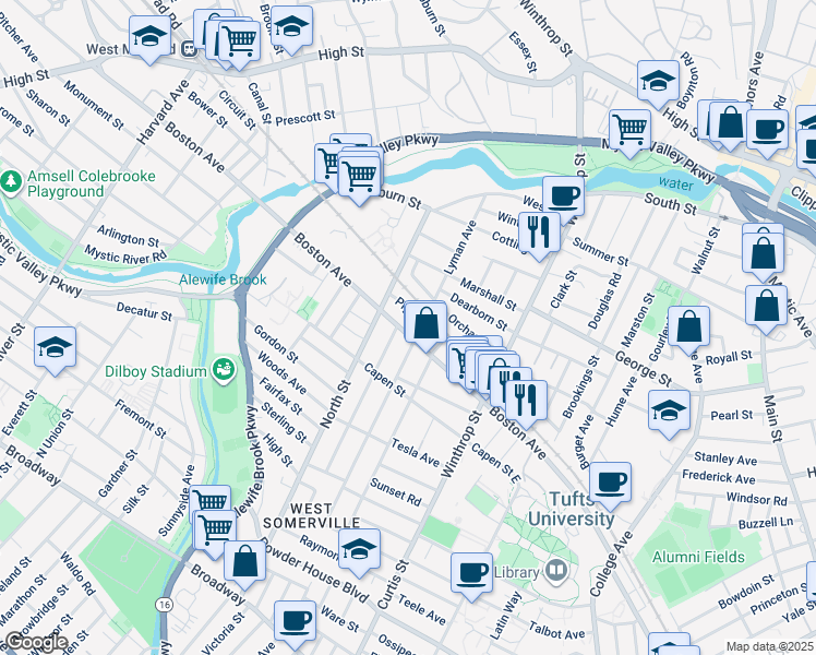 map of restaurants, bars, coffee shops, grocery stores, and more near 40 Piggott Road in Medford