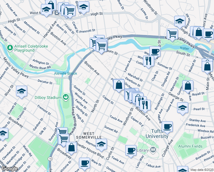 map of restaurants, bars, coffee shops, grocery stores, and more near 250 Boston Avenue in Medford