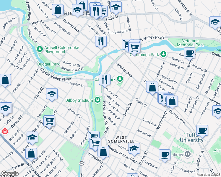 map of restaurants, bars, coffee shops, grocery stores, and more near 405 Alewife Brook Parkway in Somerville