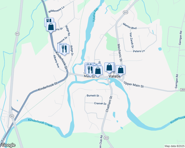 map of restaurants, bars, coffee shops, grocery stores, and more near 3203 Church Street in Valatie