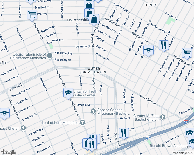 map of restaurants, bars, coffee shops, grocery stores, and more near 9900 Outer Drive East in Detroit