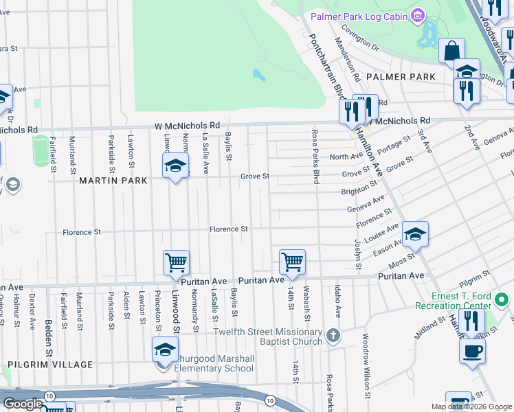 map of restaurants, bars, coffee shops, grocery stores, and more near 16586 Inverness Street in Detroit