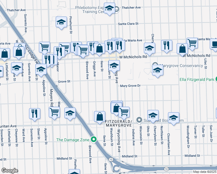 map of restaurants, bars, coffee shops, grocery stores, and more near 16631 Washburn Street in Detroit