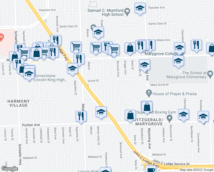 map of restaurants, bars, coffee shops, grocery stores, and more near 16637 Mendota Street in Detroit