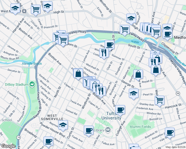 map of restaurants, bars, coffee shops, grocery stores, and more near 11 Dearborn Street in Medford