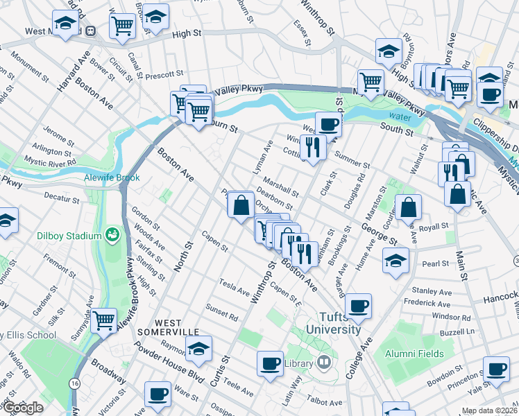 map of restaurants, bars, coffee shops, grocery stores, and more near 43 Orchard Street in Medford