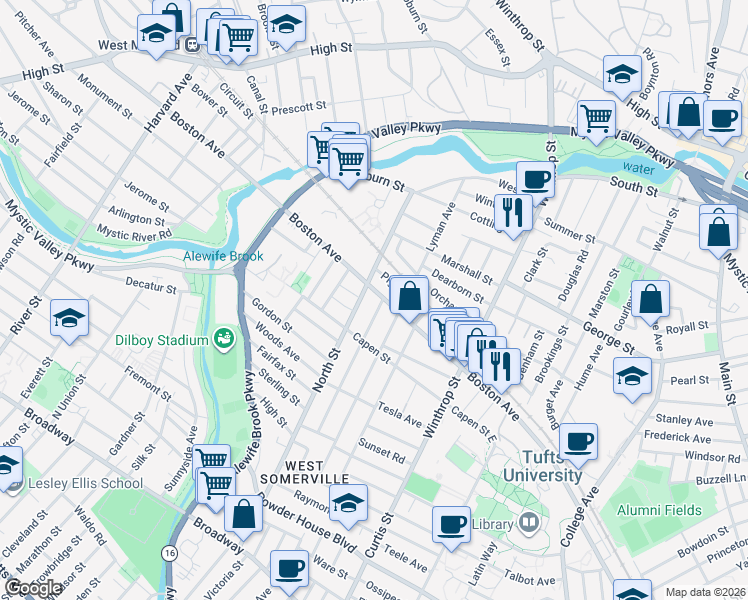 map of restaurants, bars, coffee shops, grocery stores, and more near 250 Boston Avenue in Medford