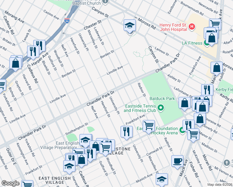 map of restaurants, bars, coffee shops, grocery stores, and more near 17800 Chandler Park Drive in Detroit