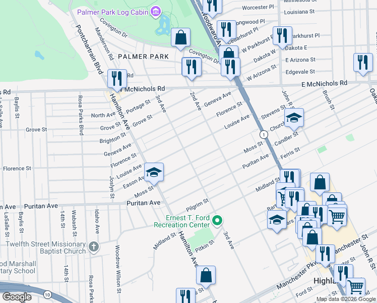 map of restaurants, bars, coffee shops, grocery stores, and more near 147 Louise Avenue in Highland Park
