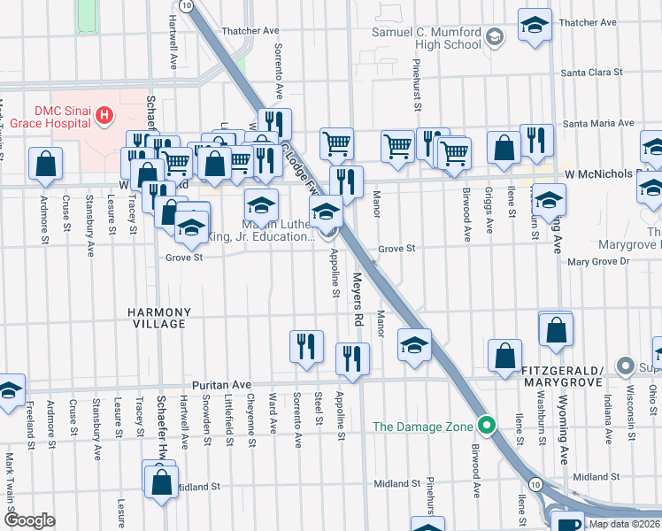 map of restaurants, bars, coffee shops, grocery stores, and more near 16777 James Couzens Freeway in Detroit